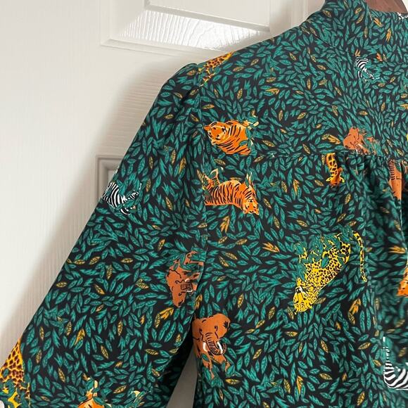 J. Crew Long Sleeve Button Down Neck Tie Blouse Animal Jungle Print Green XS - Picture 6 of 8